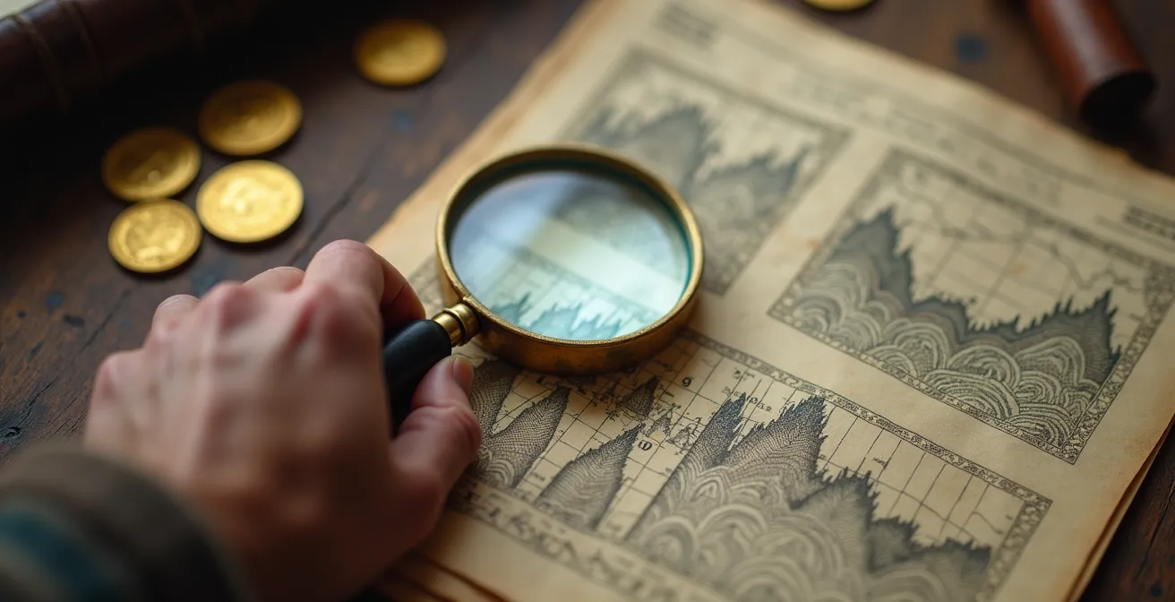 Main examinant des documents financiers avec une loupe dorée